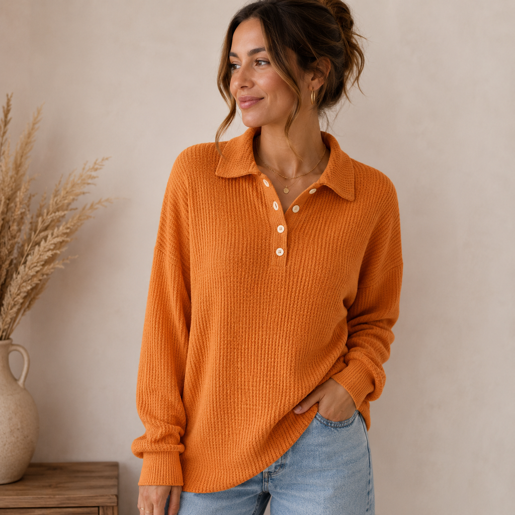 Woman wearing an orange ribbed knit polo sweater with a collared button neckline and relaxed fit.