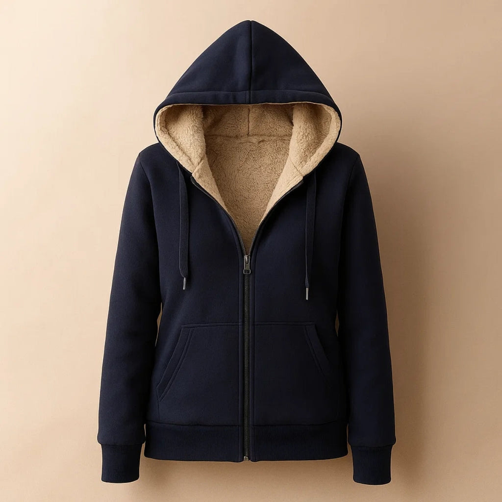 Navy blue sherpa-lined hooded jacket with a full zip closure, front pockets, long sleeves, and plush cream interior lining.