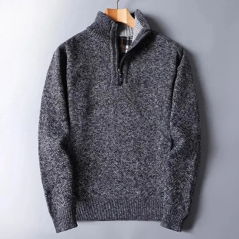 Dark Gray heathered knit quarter-zip sweater with a mock neck and structured ribbed cuffs on a wooden hanger.