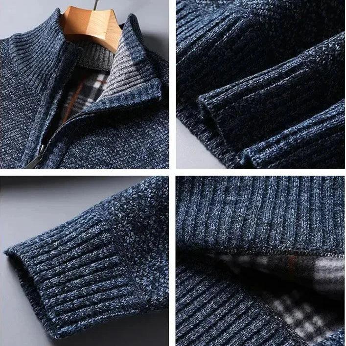 Navy blue quarter-zip sweater in a thick, heathered knit with a soft plaid-lined mock neck and ribbed cuffs.