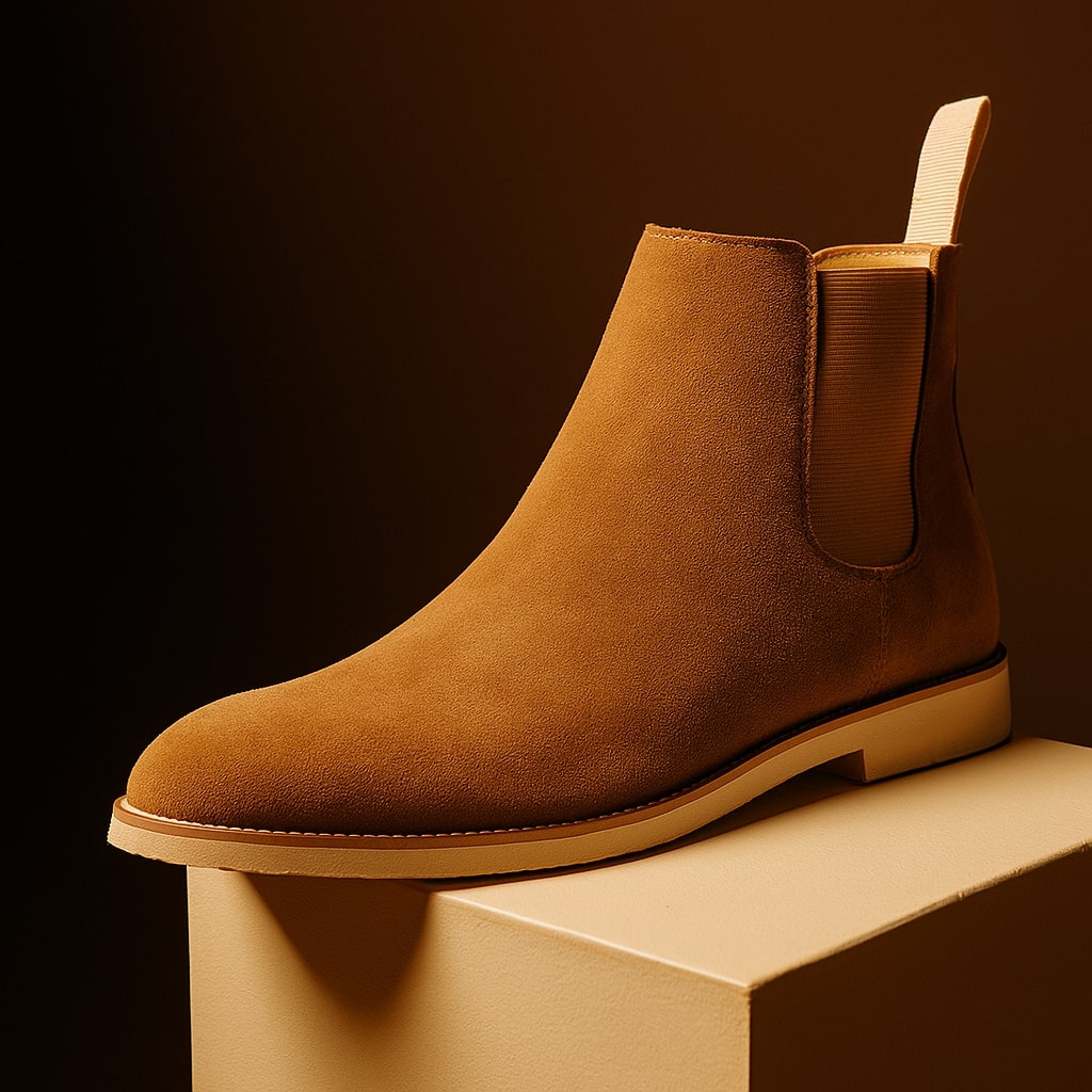 A rust brown suede Chelsea boot resting on a tan block, set against a warm amber-lit backdrop.