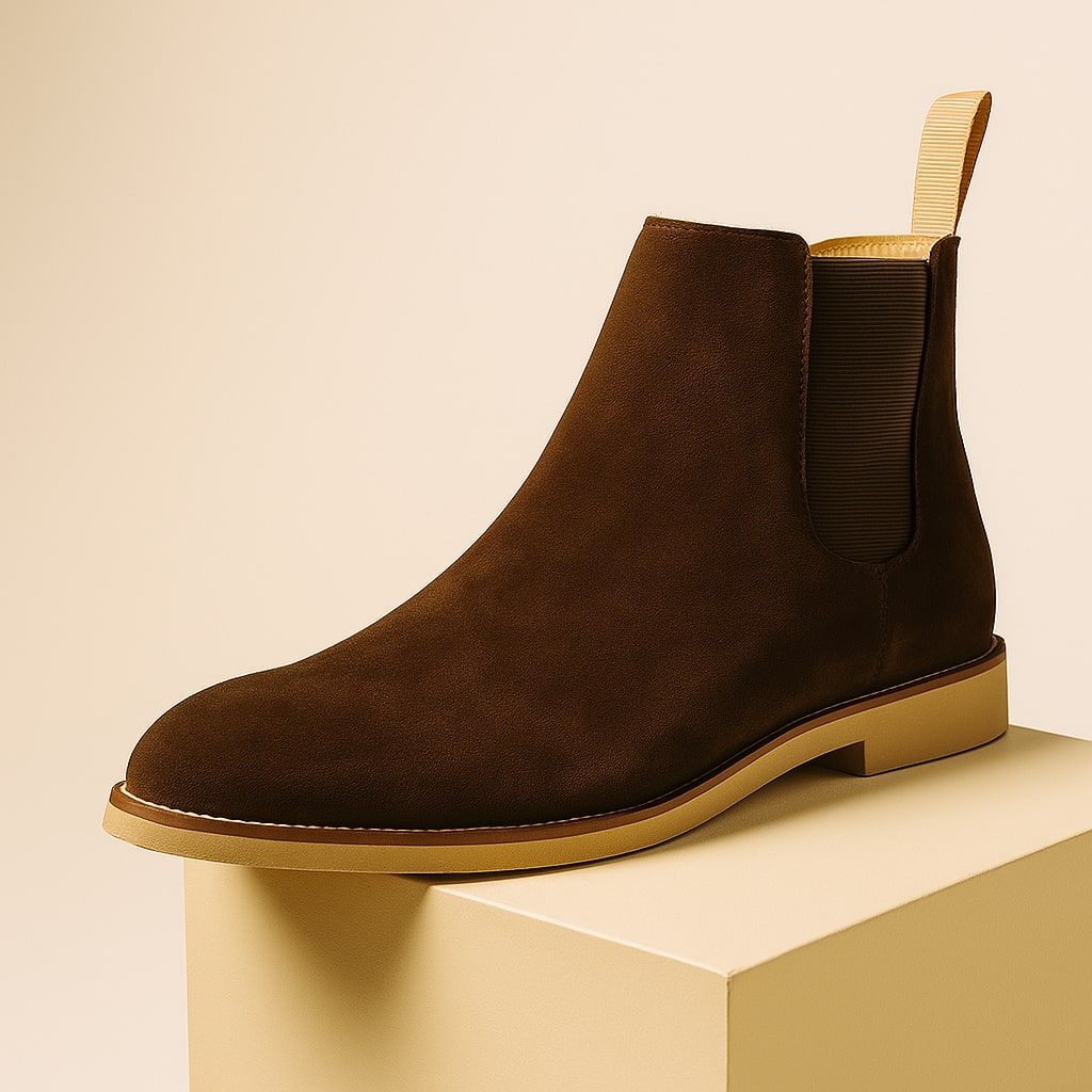 A dark brown suede Chelsea boot resting on a beige block against a cream backdrop.