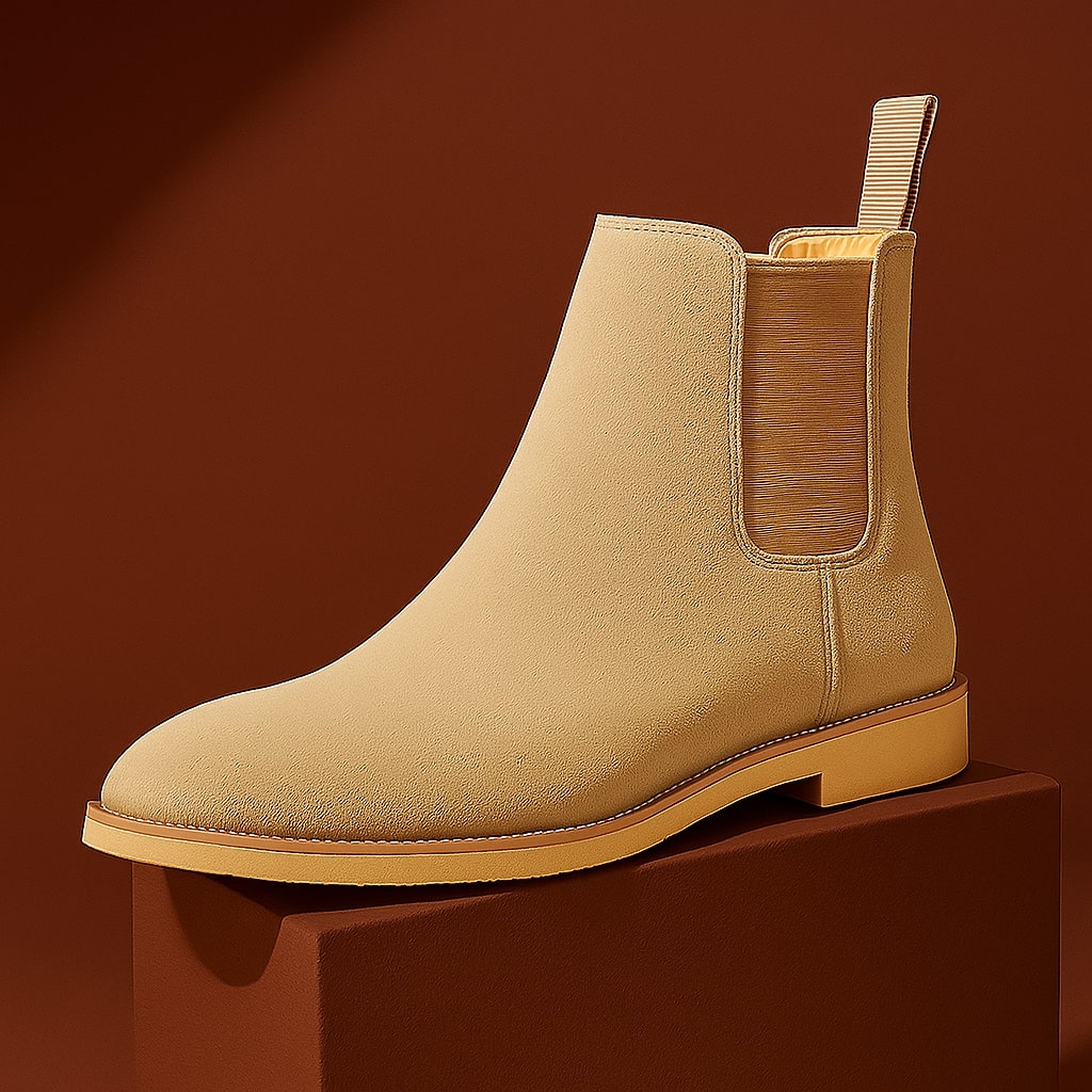 A tan suede Chelsea boot with an elastic side gusset, resting on a wooden block against a warm reddish-brown backdrop.