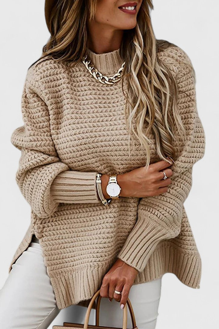 Liora Ribbed Knit Sweater – Oversized Side Slit Cuffed Sleeve Knitwear