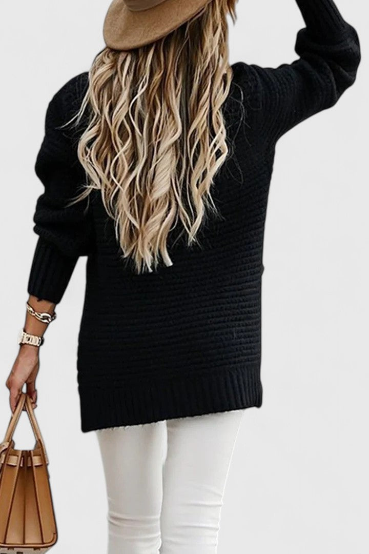 Liora Ribbed Knit Sweater – Oversized Side Slit Cuffed Sleeve Knitwear