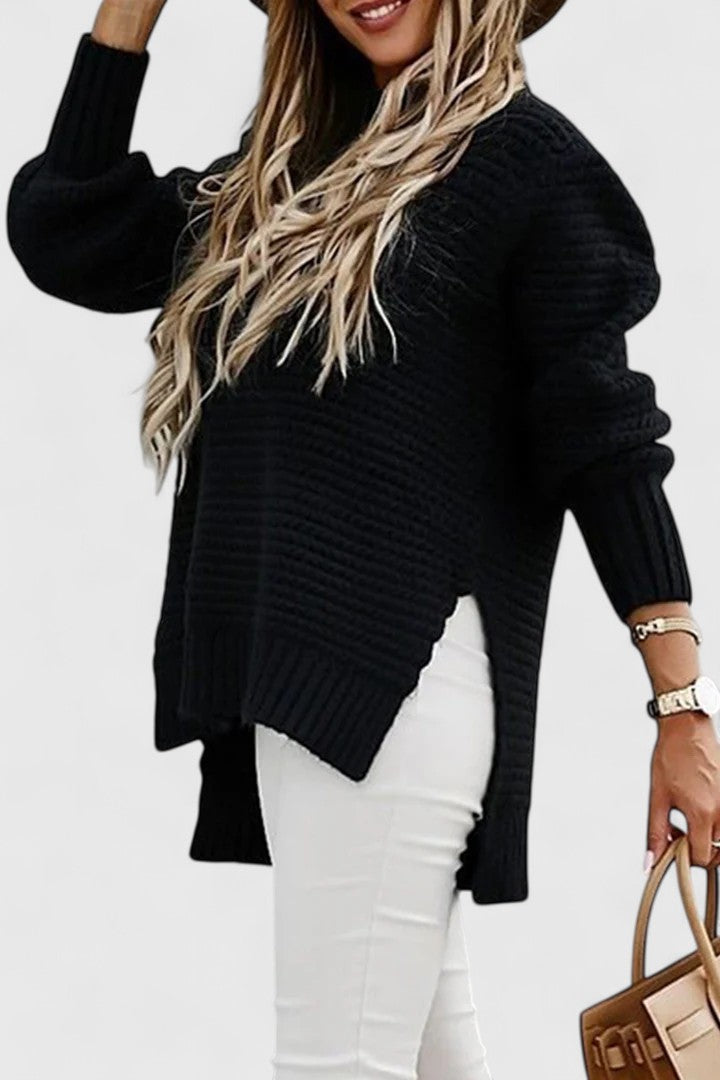 Liora Ribbed Knit Sweater – Oversized Side Slit Cuffed Sleeve Knitwear
