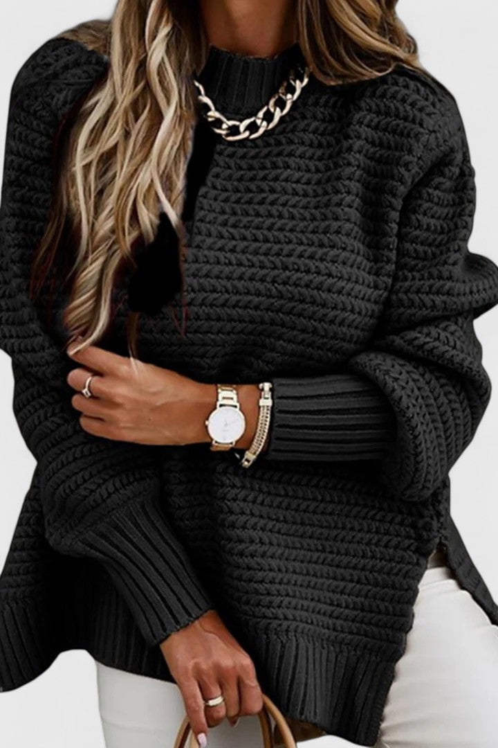 Liora Ribbed Knit Sweater – Oversized Side Slit Cuffed Sleeve Knitwear