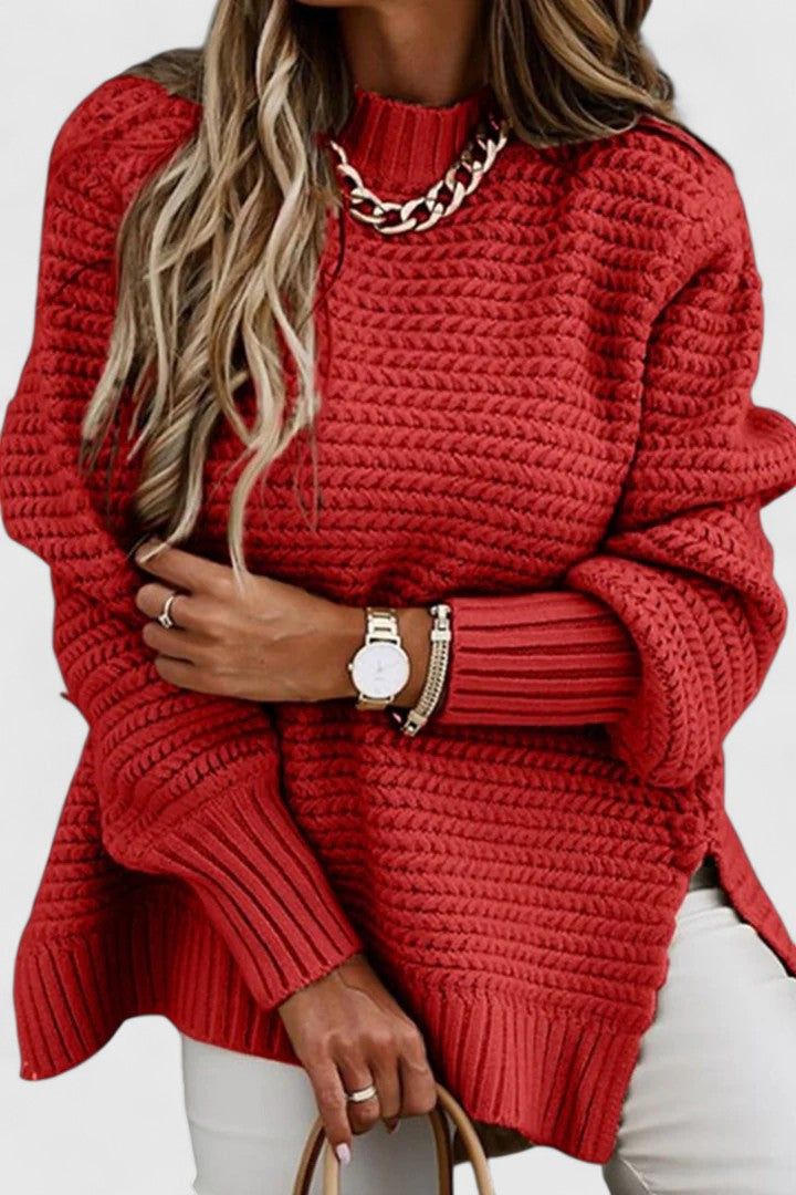 Liora Ribbed Knit Sweater – Oversized Side Slit Cuffed Sleeve Knitwear