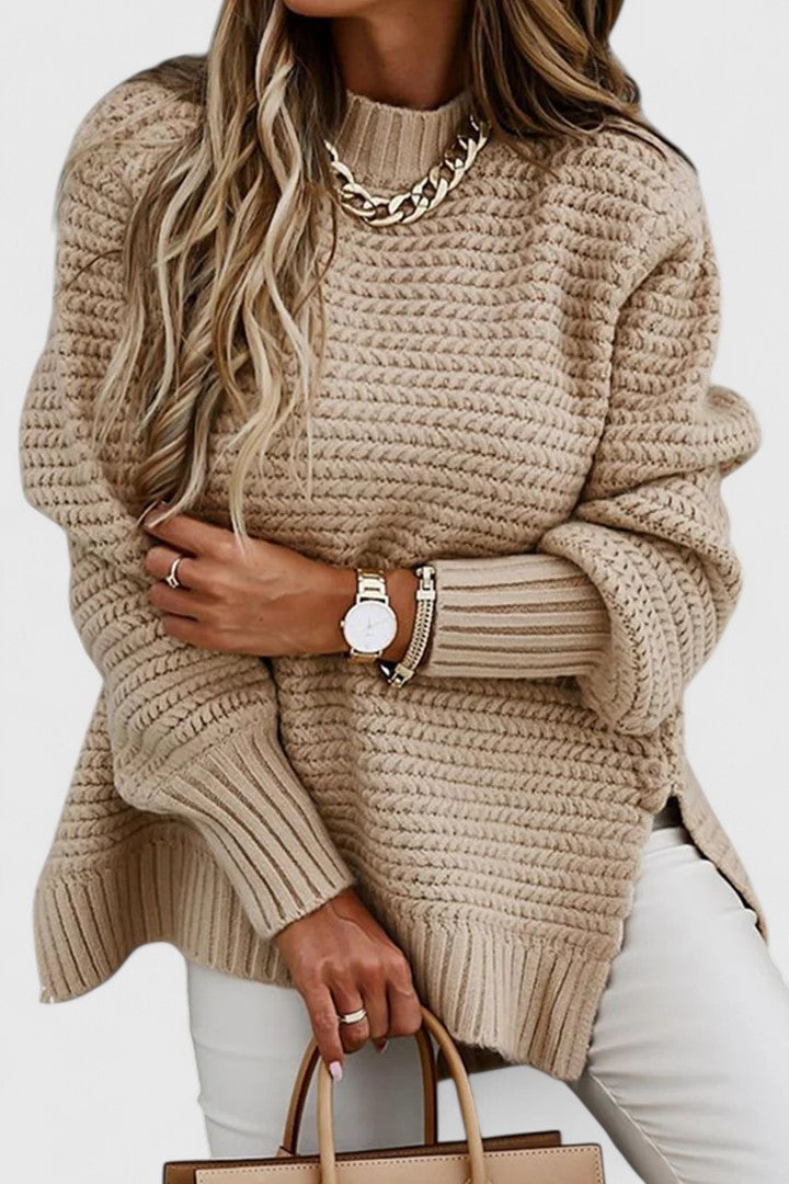 Liora Ribbed Knit Sweater – Oversized Side Slit Cuffed Sleeve Knitwear