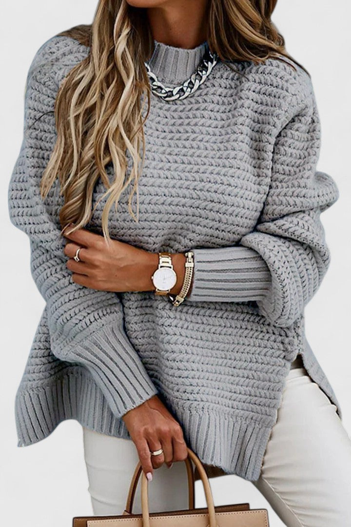 Liora Ribbed Knit Sweater – Oversized Side Slit Cuffed Sleeve Knitwear