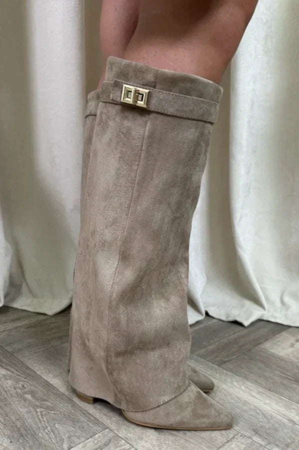 Liora Suede & Leather Knee-High Boots – Pointed-Toe Hidden Wedge Gold Buckle Footwear