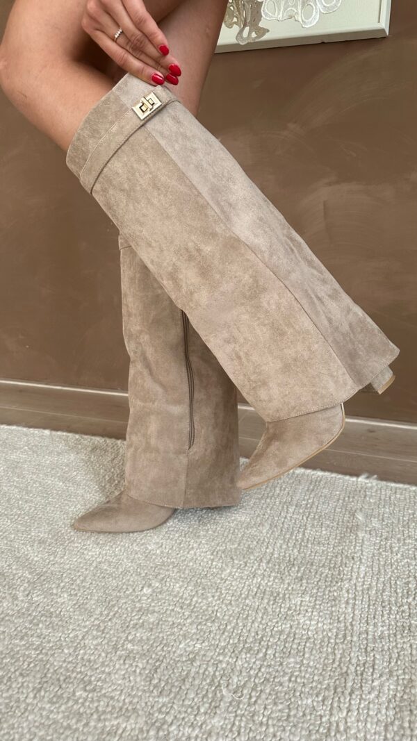 Liora Suede & Leather Knee-High Boots – Pointed-Toe Hidden Wedge Gold Buckle Footwear
