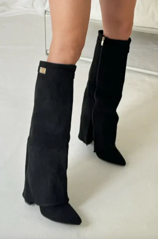 Liora Suede & Leather Knee-High Boots – Pointed-Toe Hidden Wedge Gold Buckle Footwear