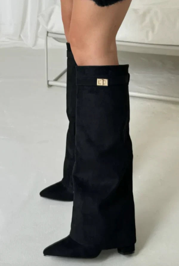 Liora Suede & Leather Knee-High Boots – Pointed-Toe Hidden Wedge Gold Buckle Footwear