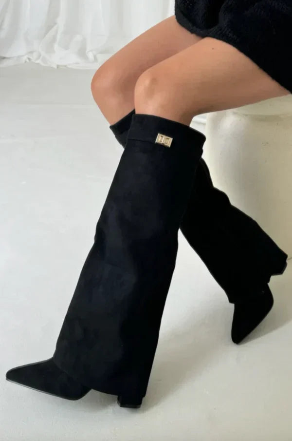 Liora Suede & Leather Knee-High Boots – Pointed-Toe Hidden Wedge Gold Buckle Footwear