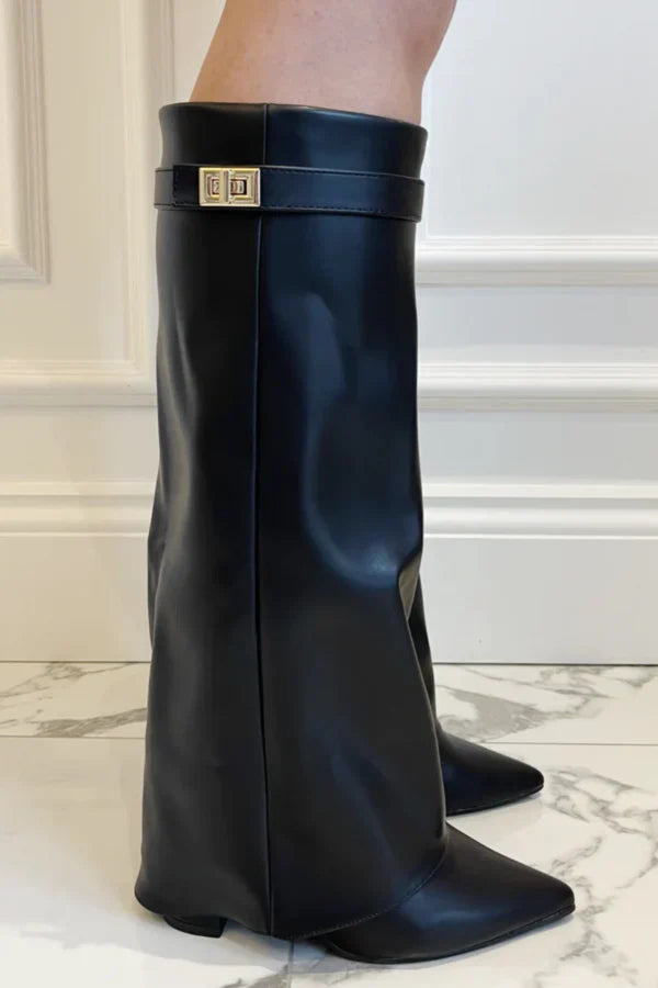 Liora Suede & Leather Knee-High Boots – Pointed-Toe Hidden Wedge Gold Buckle Footwear