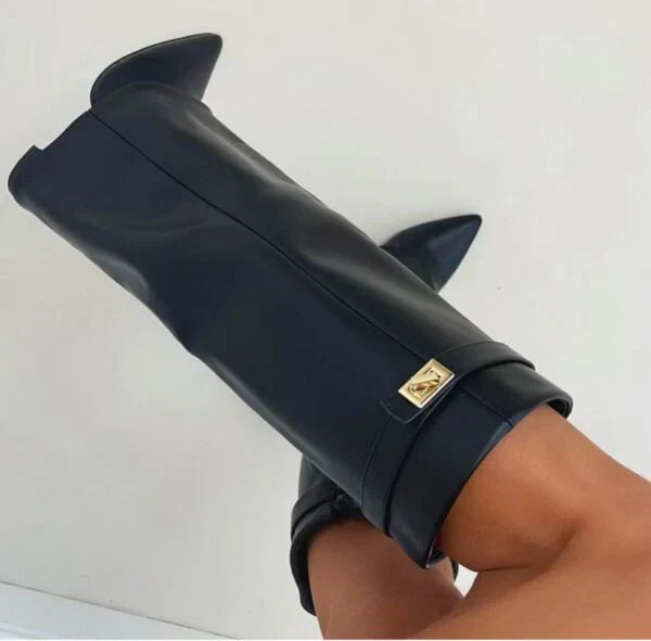 Liora Suede & Leather Knee-High Boots – Pointed-Toe Hidden Wedge Gold Buckle Footwear