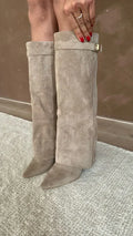 Liora Suede & Leather Knee-High Boots – Pointed-Toe Hidden Wedge Gold Buckle Footwear