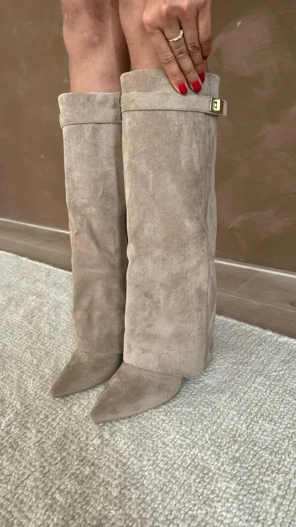 Liora Suede & Leather Knee-High Boots – Pointed-Toe Hidden Wedge Gold Buckle Footwear