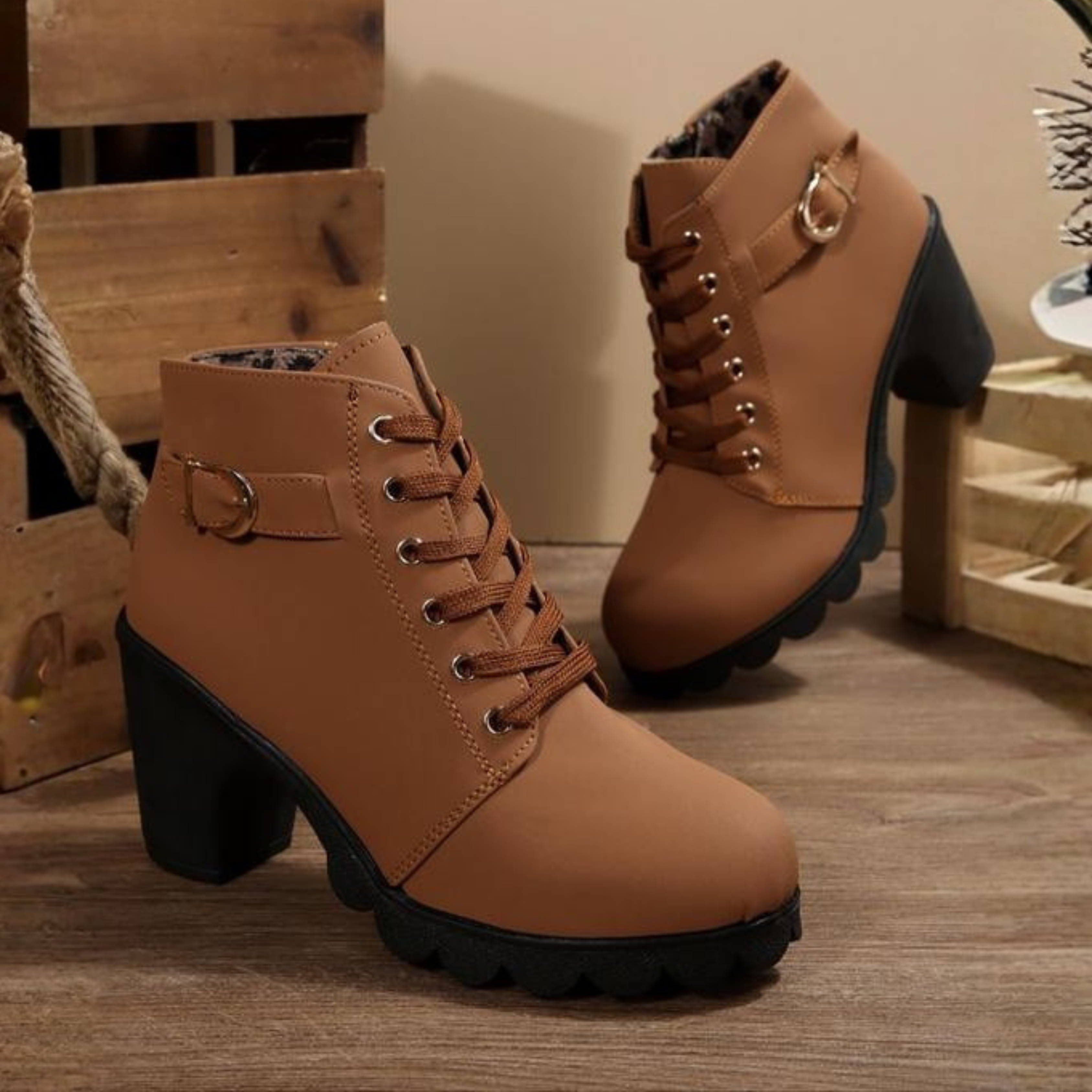 Lola Suede Lace-Up Ankle Boots – Buckle Block-Heel Platform Footwear