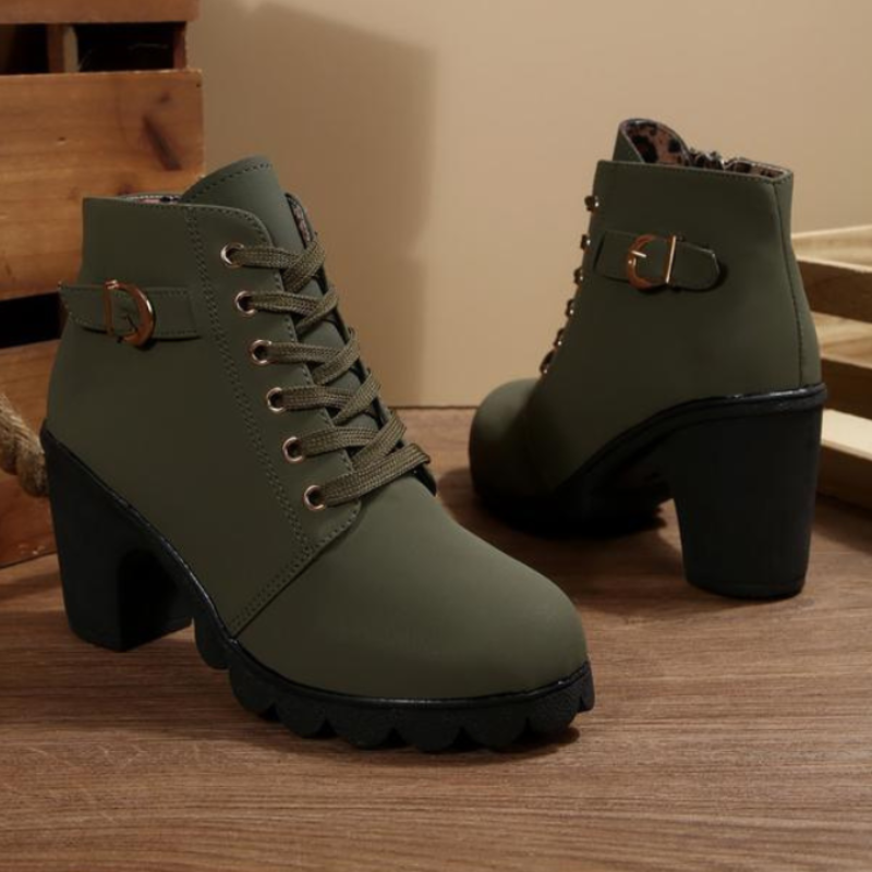 Lola Suede Lace-Up Ankle Boots – Buckle Block-Heel Platform Footwear