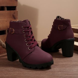 Lola Suede Lace-Up Ankle Boots – Buckle Block-Heel Platform Footwear