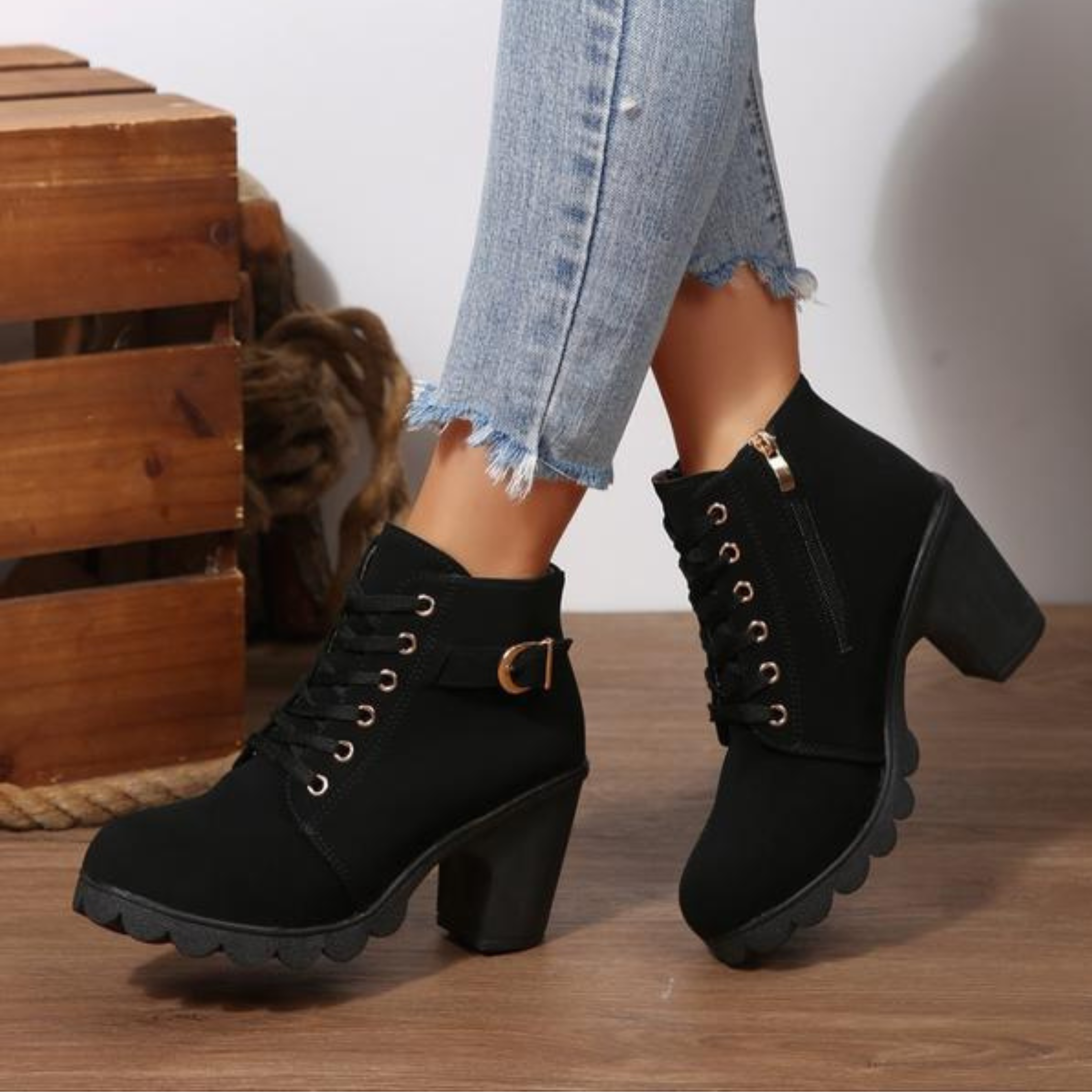 Lola Suede Lace-Up Ankle Boots – Buckle Block-Heel Platform Footwear