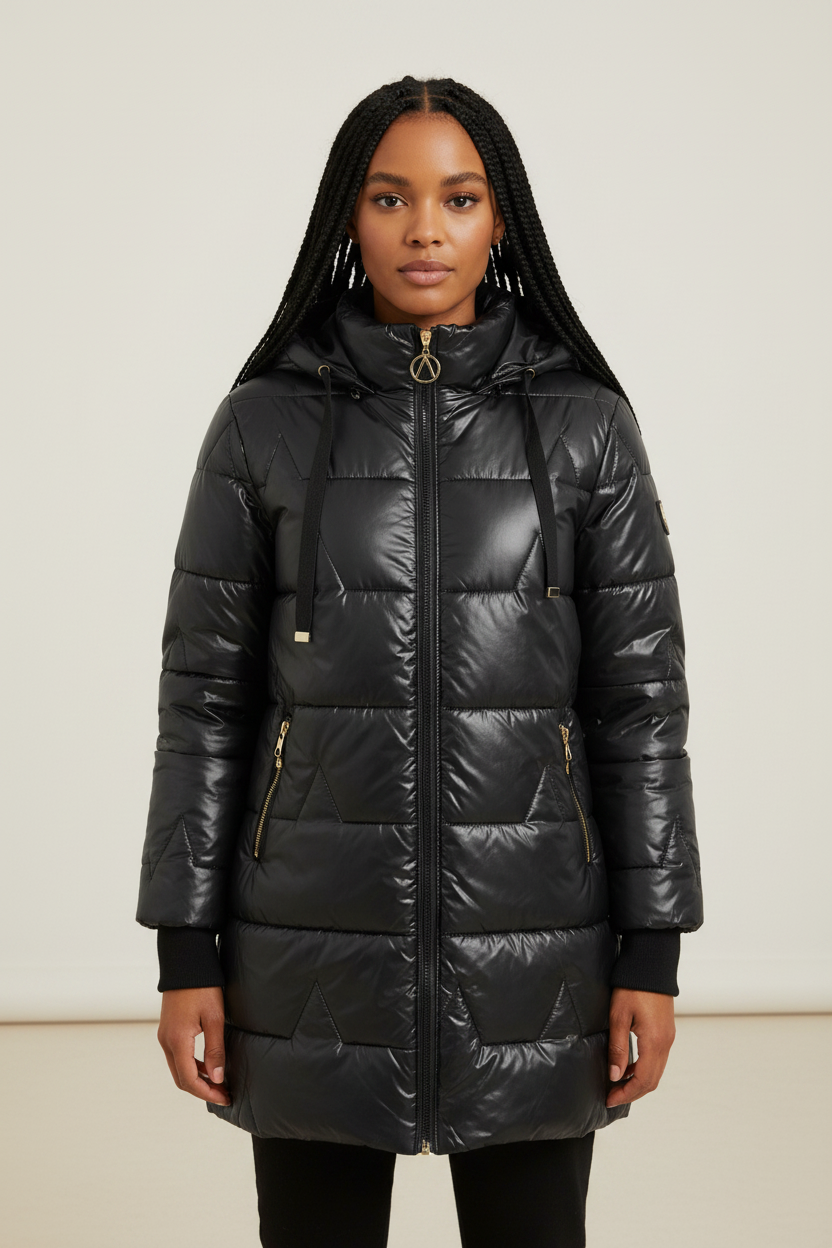 Black longline puffer coat with quilted padding, drawstring hood, full zip front, and ribbed cuffs on a neutral background.