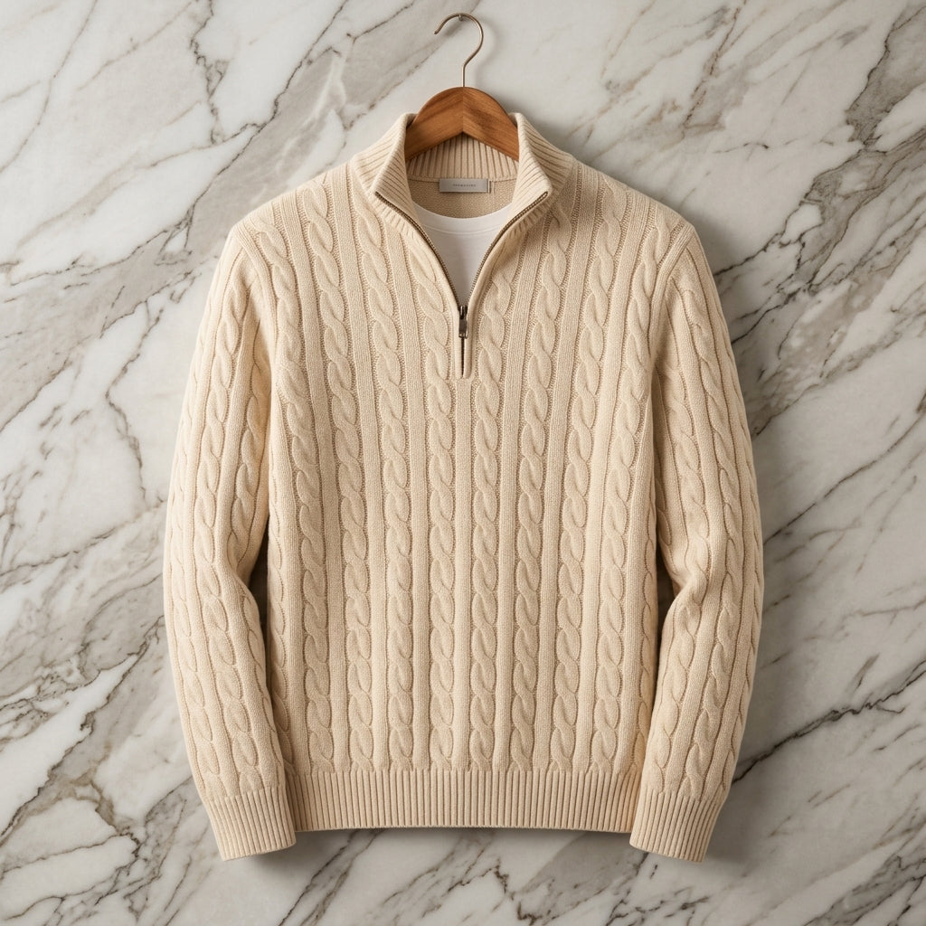 Beige cable knit half-zip sweater with ribbed cuffs and stand collar displayed on a marble background.