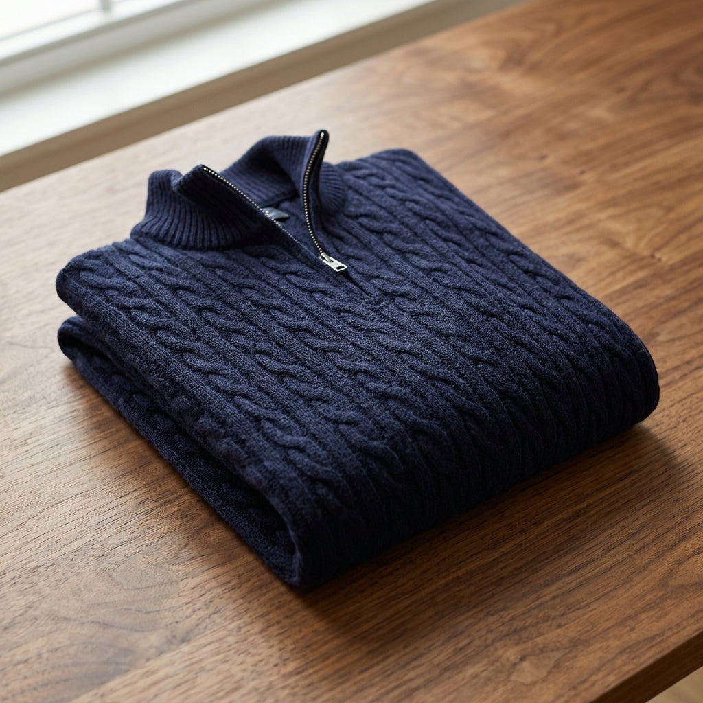 Folded navy cable knit half-zip sweater highlighting the textured knit design and stand collar on a wooden surface.