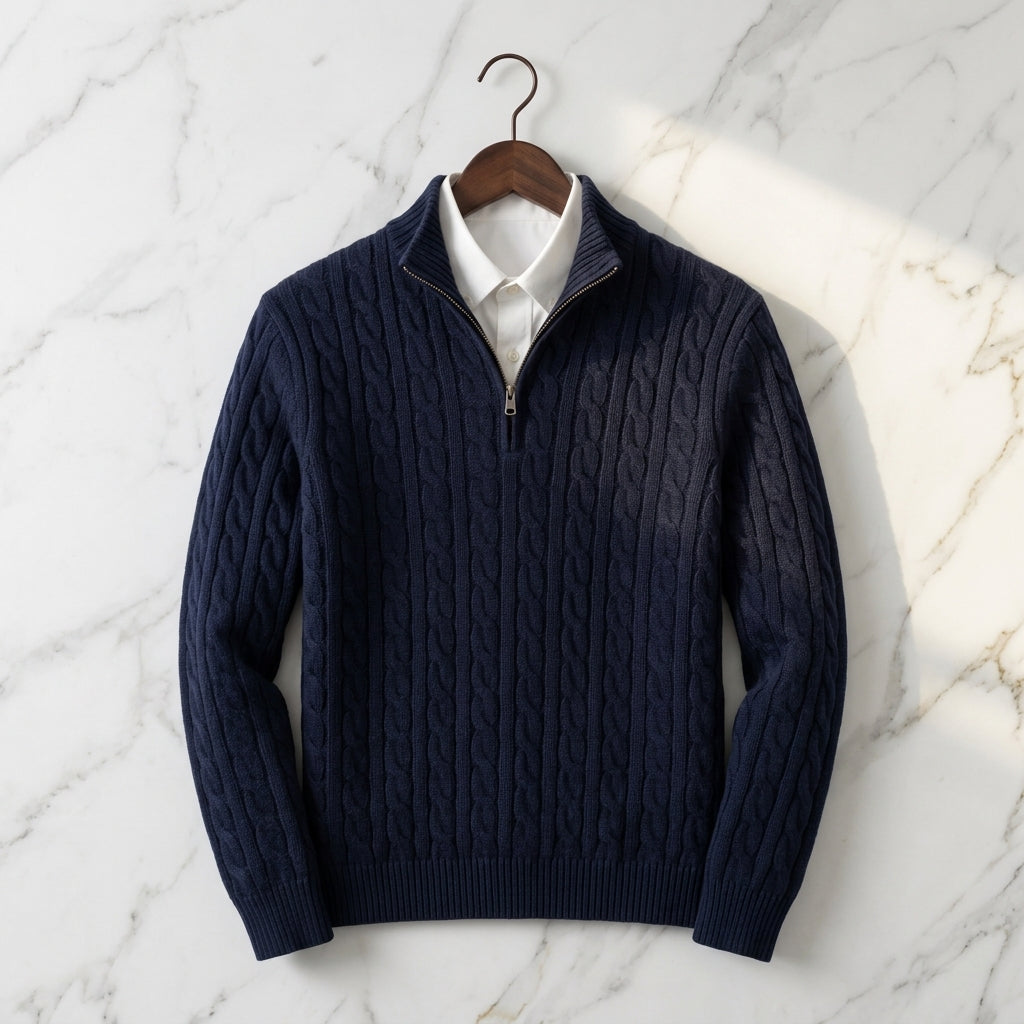 Navy cable knit half-zip sweater with ribbed cuffs and stand collar, layered over a white collared shirt on a marble background.