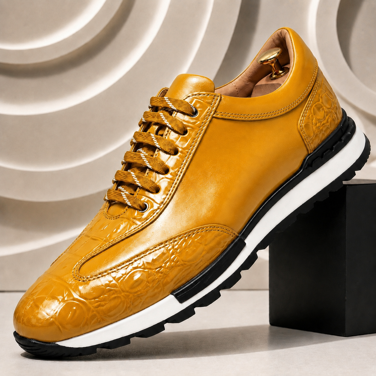 Luciano Cowhide Leather Sneakers – Croc-Embossed Orthopedic Lace-Up Footwear