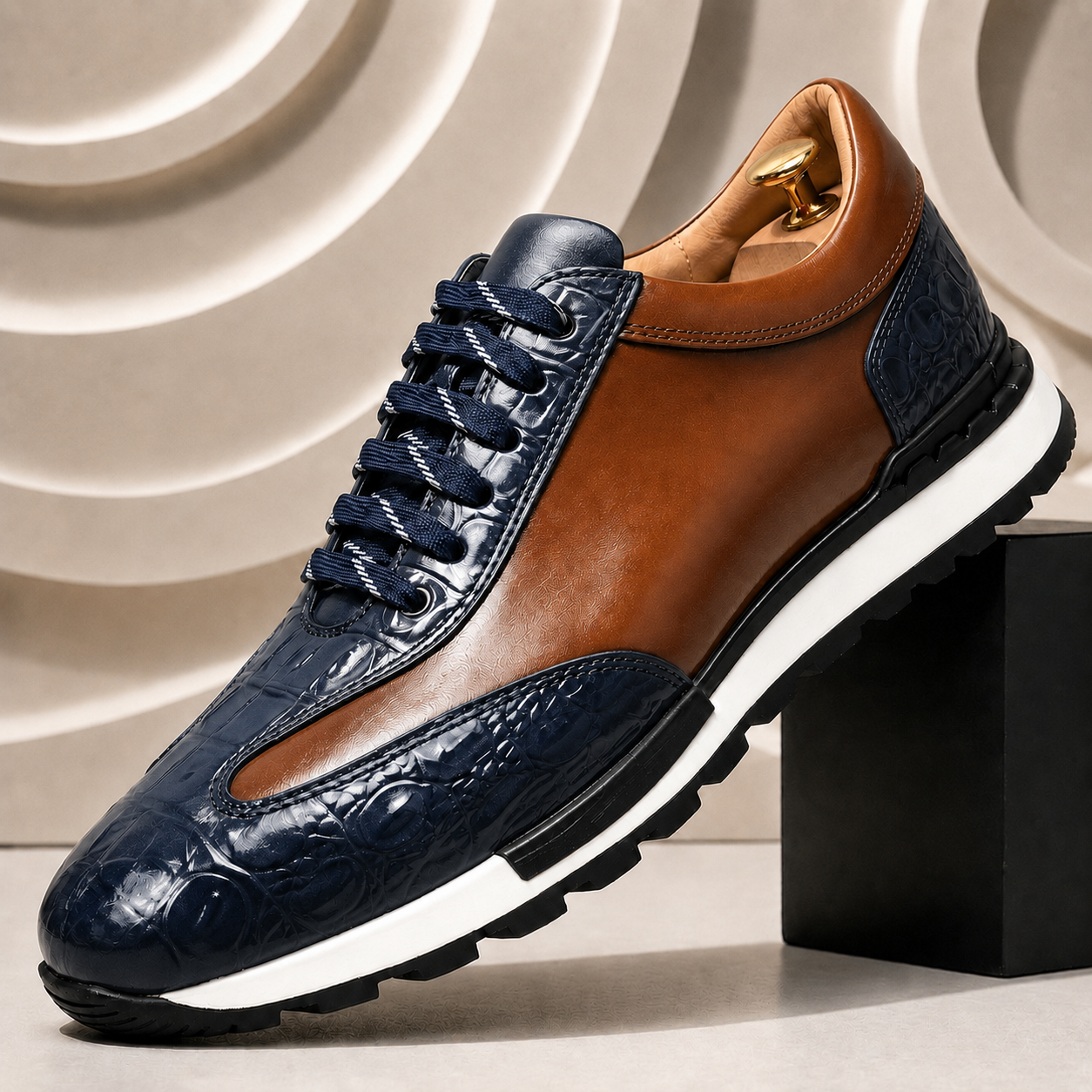Luciano Cowhide Leather Sneakers – Croc-Embossed Orthopedic Lace-Up Footwear