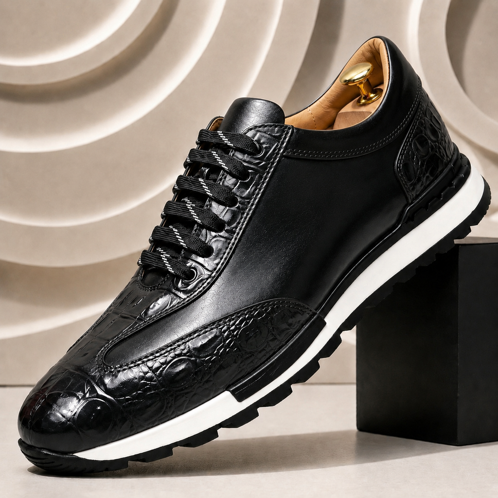 Luciano Cowhide Leather Sneakers – Croc-Embossed Orthopedic Lace-Up Footwear