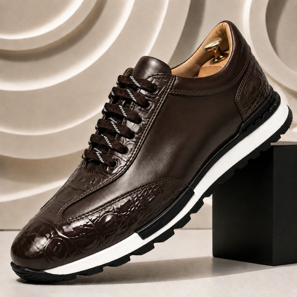 Luciano Cowhide Leather Sneakers – Croc-Embossed Orthopedic Lace-Up Footwear