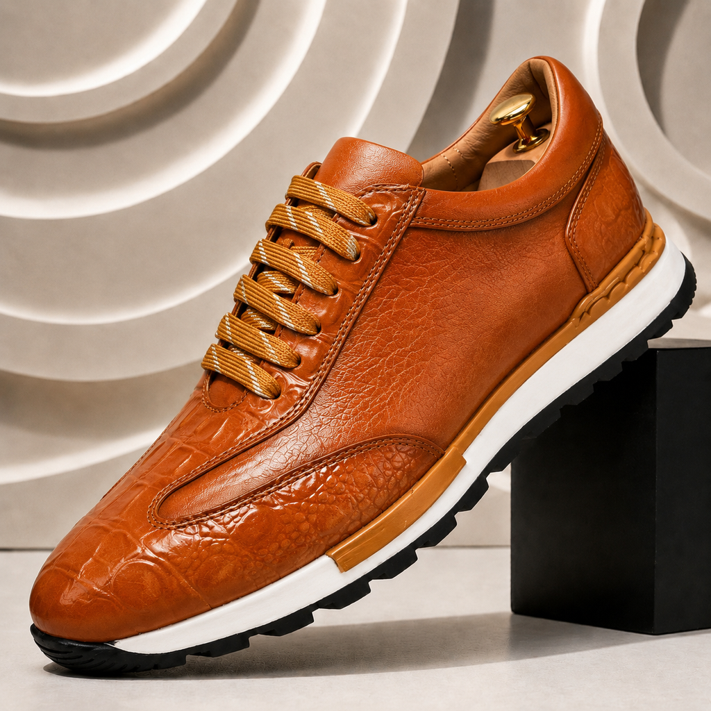 Luciano Cowhide Leather Sneakers – Croc-Embossed Orthopedic Lace-Up Footwear