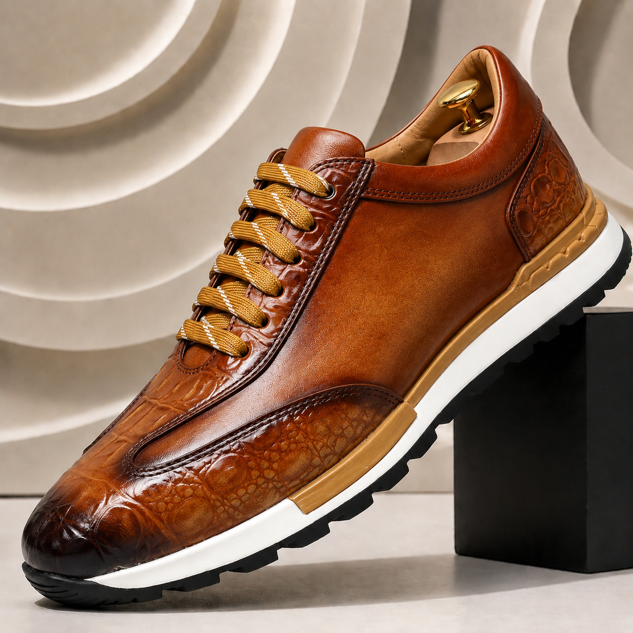 Luciano Cowhide Leather Sneakers – Croc-Embossed Orthopedic Lace-Up Footwear