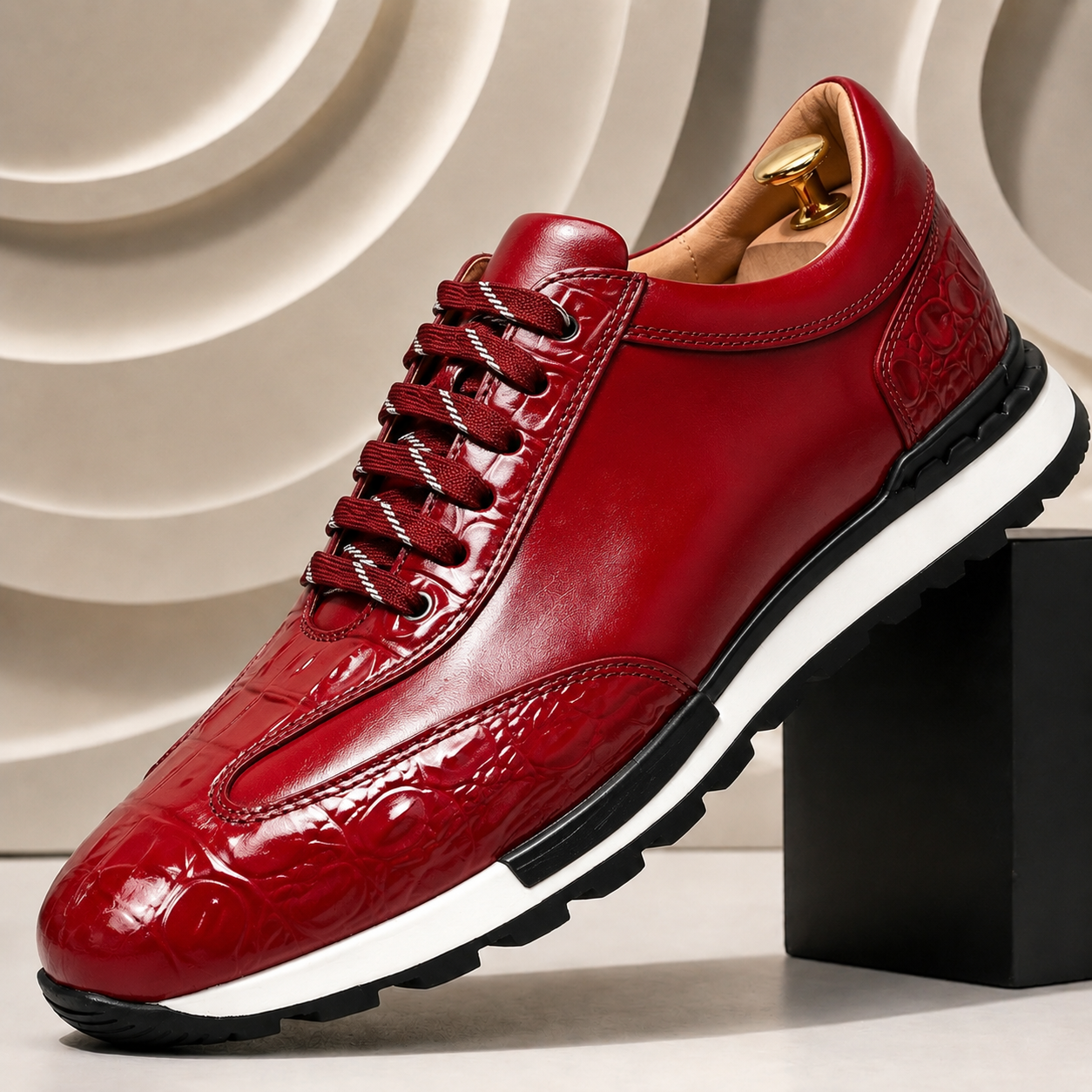 Luciano Cowhide Leather Sneakers – Croc-Embossed Orthopedic Lace-Up Footwear