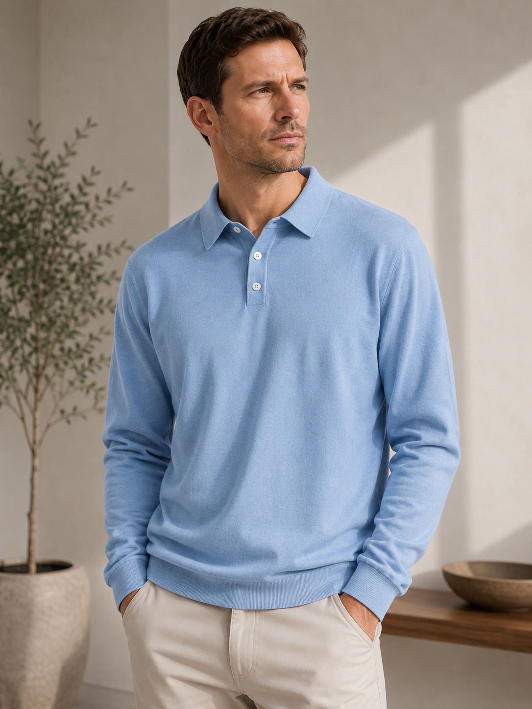 Luciano Fine Knit Polo – Three-Button Placket Ribbed Cuffs Relaxed Sweater