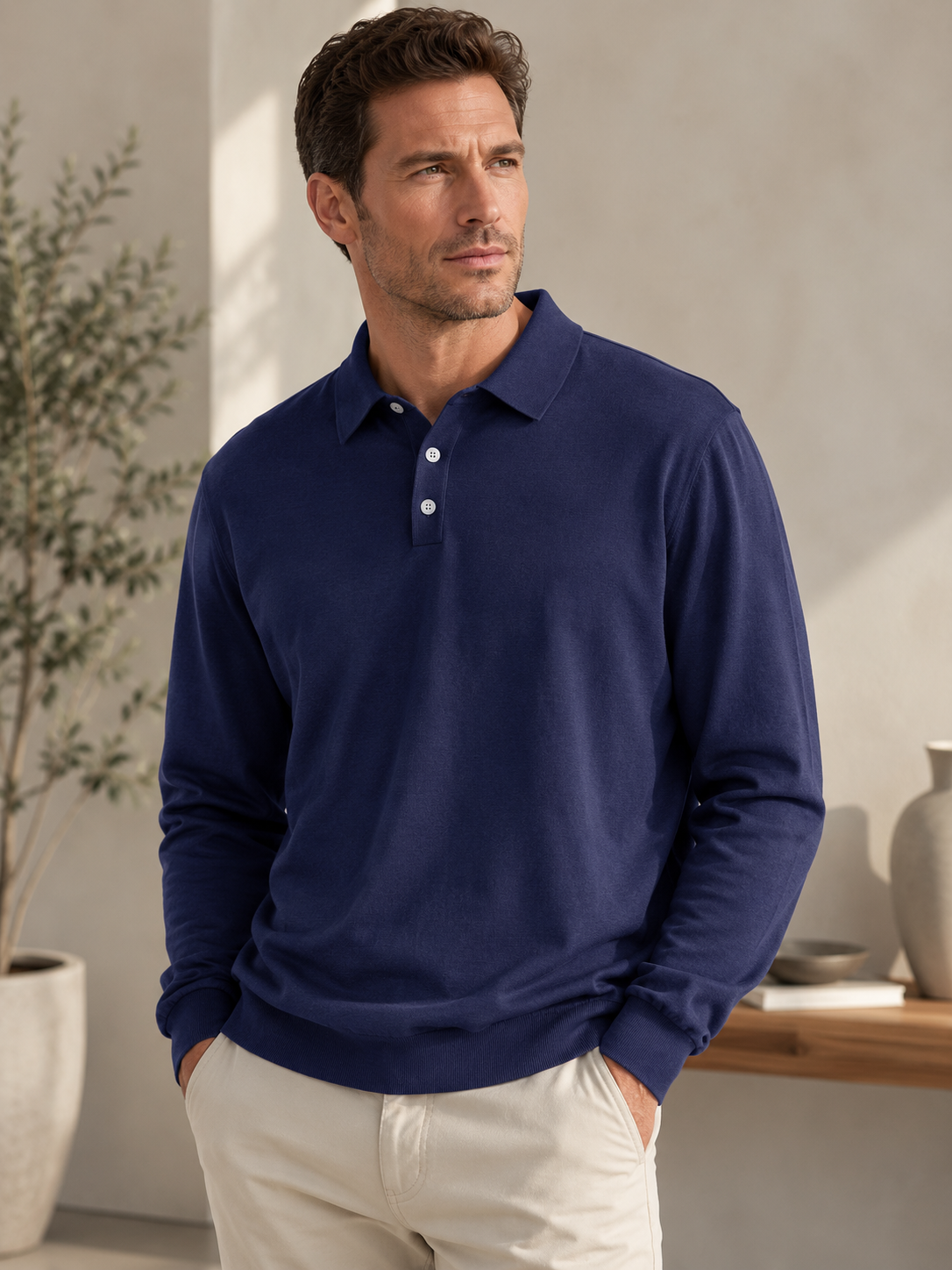 Luciano Fine Knit Polo – Three-Button Placket Ribbed Cuffs Relaxed Sweater