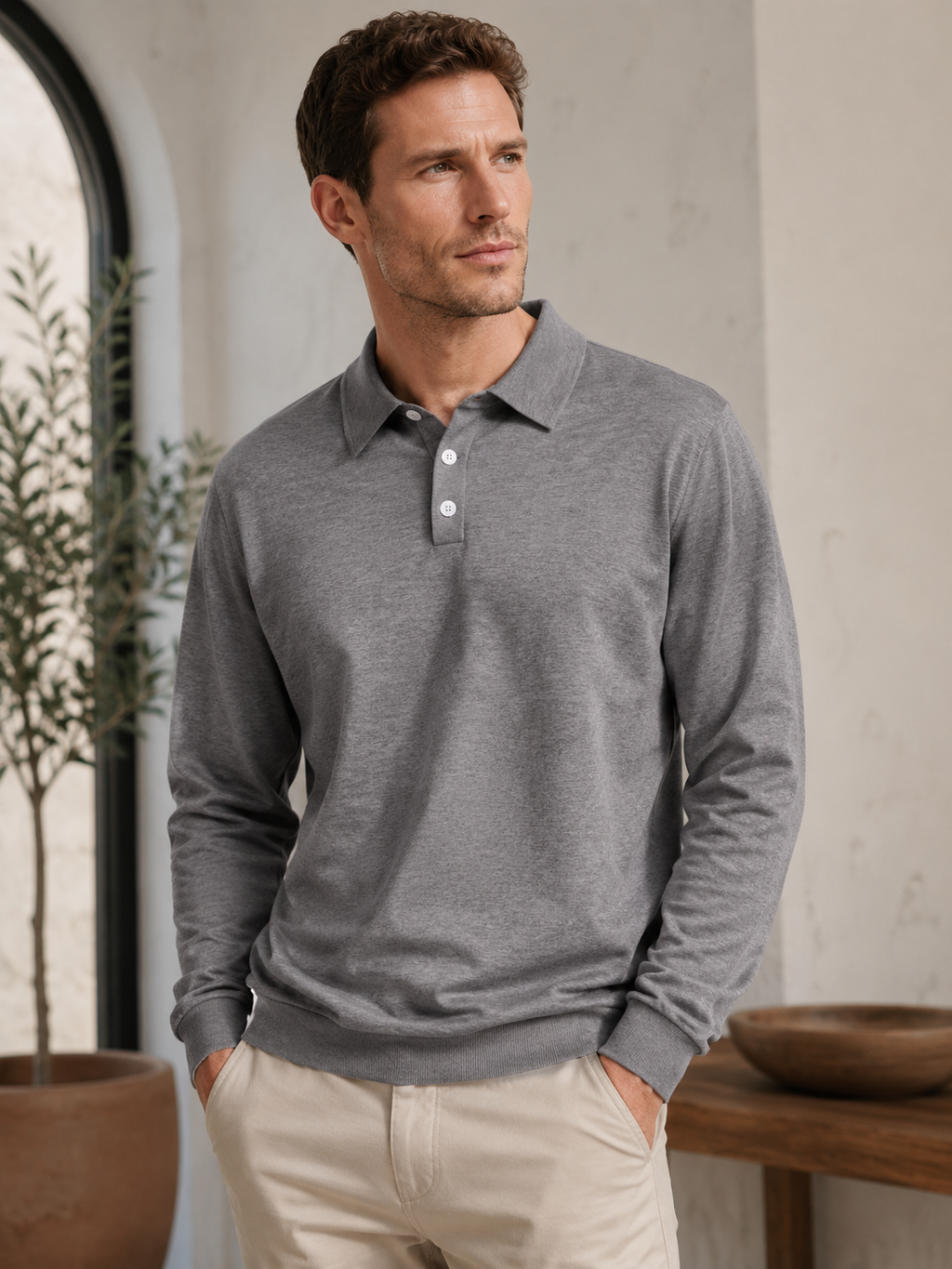 Luciano Fine Knit Polo – Three-Button Placket Ribbed Cuffs Relaxed Sweater