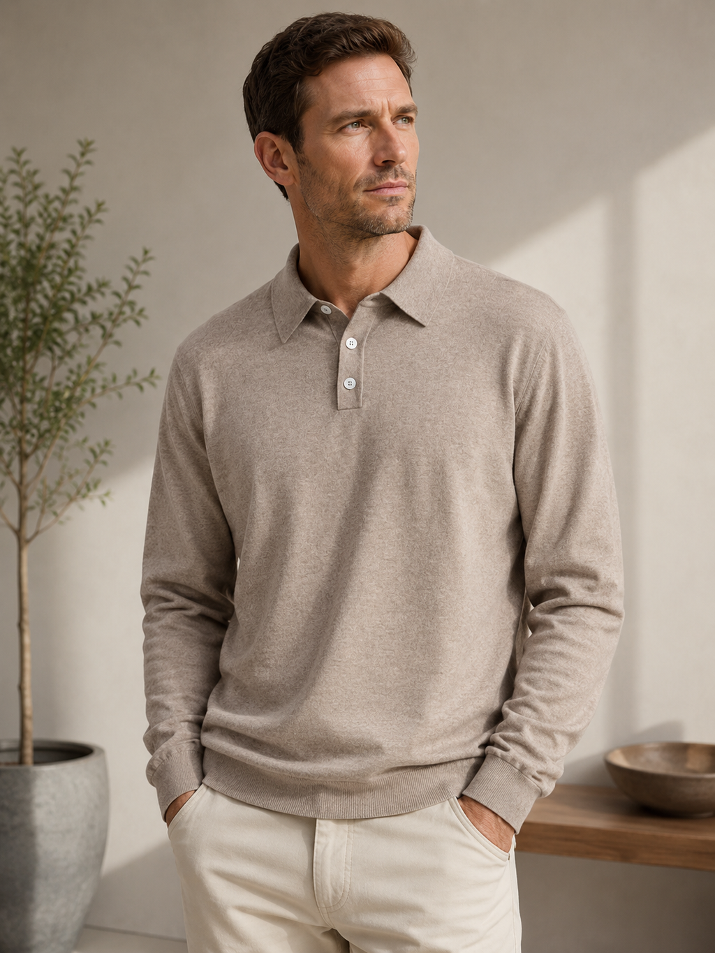 Luciano Fine Knit Polo – Three-Button Placket Ribbed Cuffs Relaxed Sweater