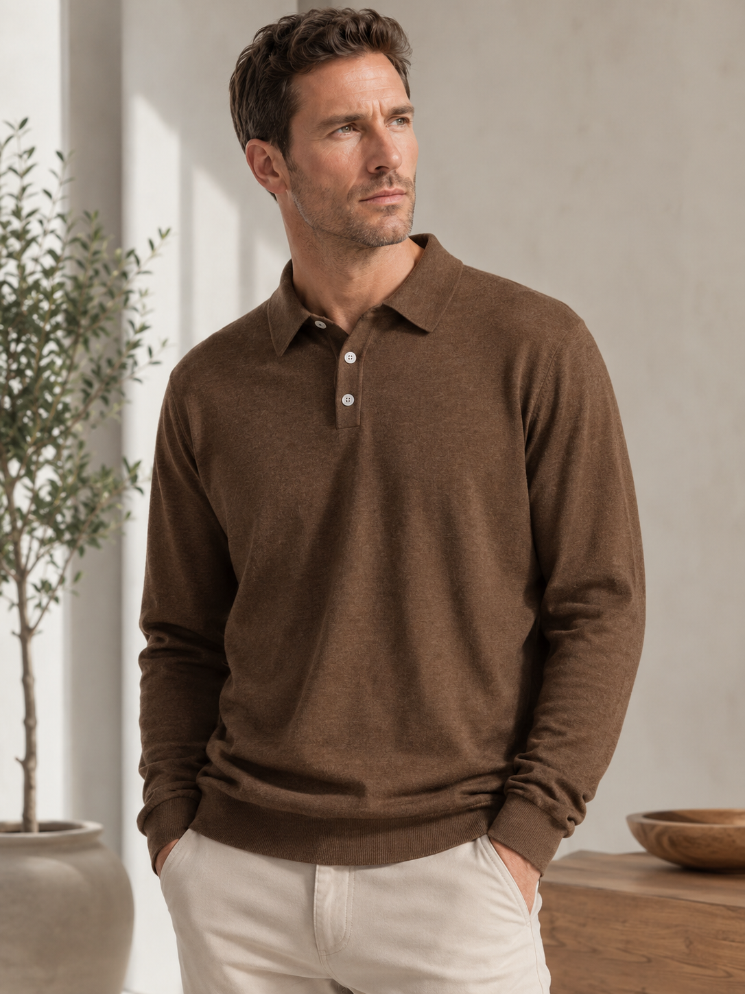 Luciano Fine Knit Polo – Three-Button Placket Ribbed Cuffs Relaxed Sweater