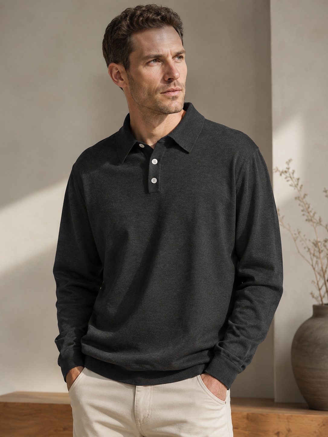Luciano Fine Knit Polo – Three-Button Placket Ribbed Cuffs Relaxed Sweater