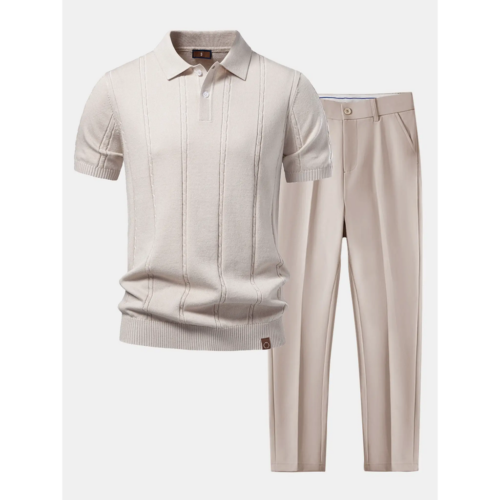 Men's beige knit polo shirt paired with matching beige trousers displayed as a coordinated smart casual outfit.