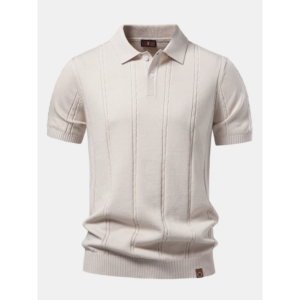 Men's beige short-sleeve knit polo shirt with a classic collar displayed on a white background.