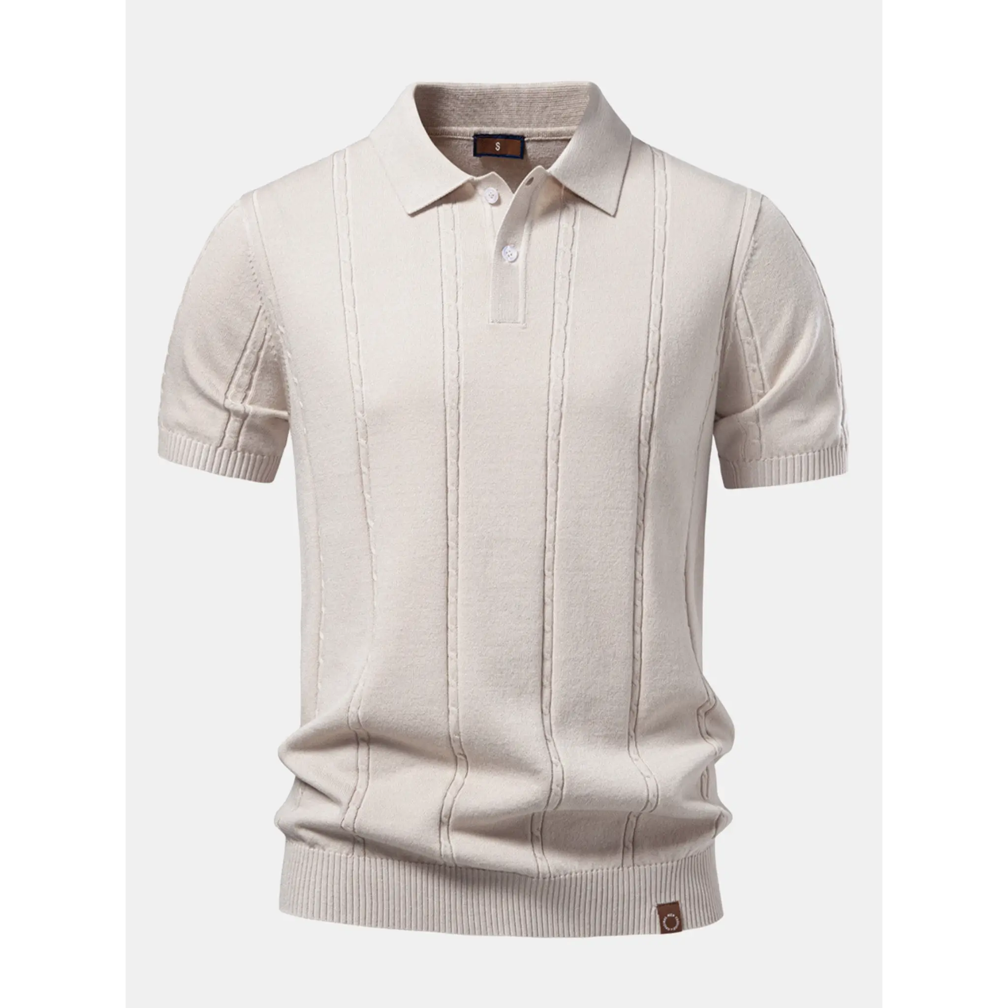 Men's beige short-sleeve knit polo shirt with a classic collar displayed on a white background.