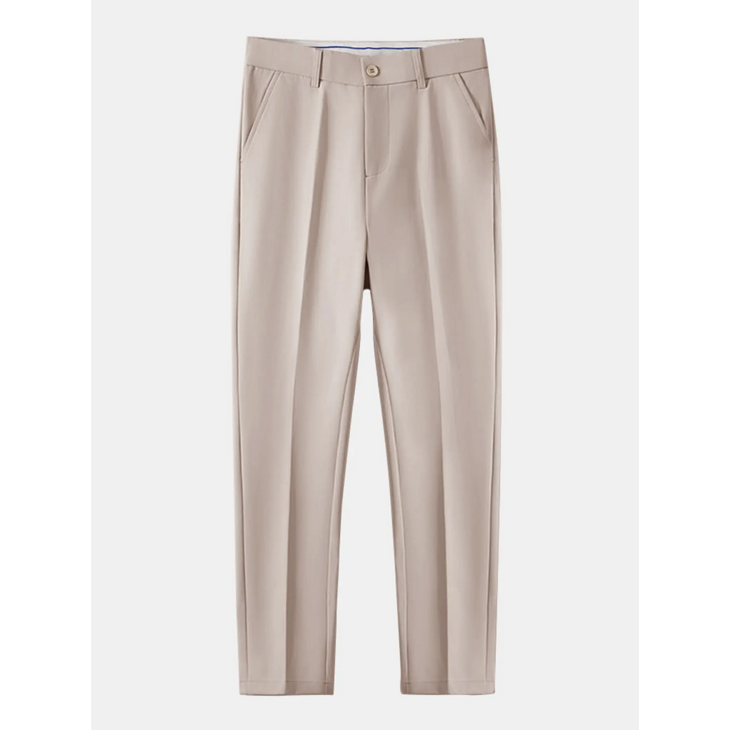 Men's beige straight-leg trousers displayed on a white background with a clean tailored silhouette.