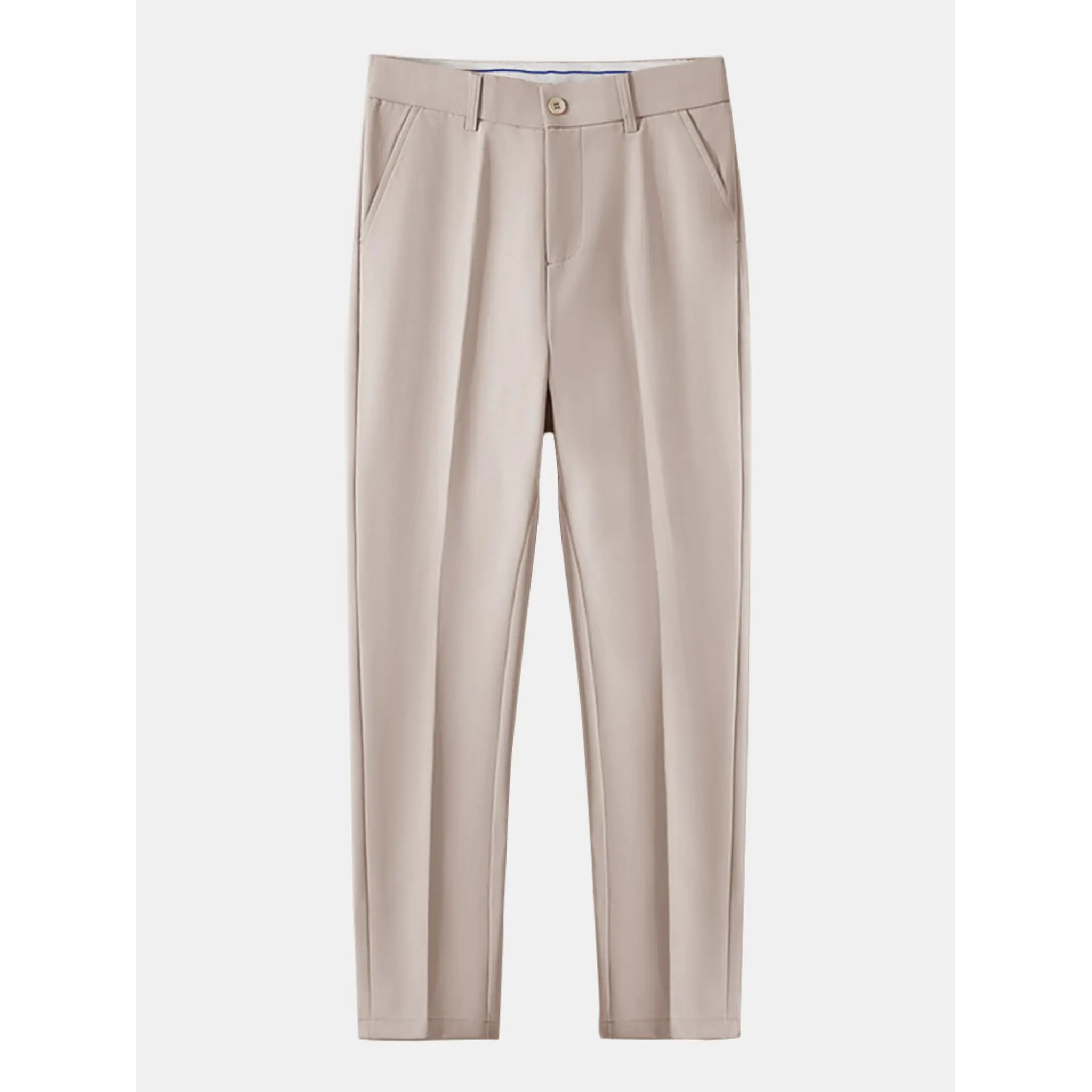 Men's beige straight-leg trousers displayed on a white background with a clean tailored silhouette.