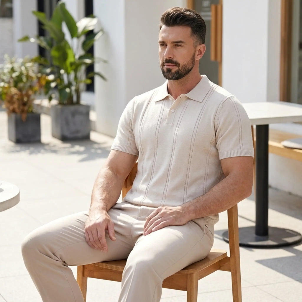 Man wearing a beige short-sleeve knit polo shirt and beige trousers seated outdoors.